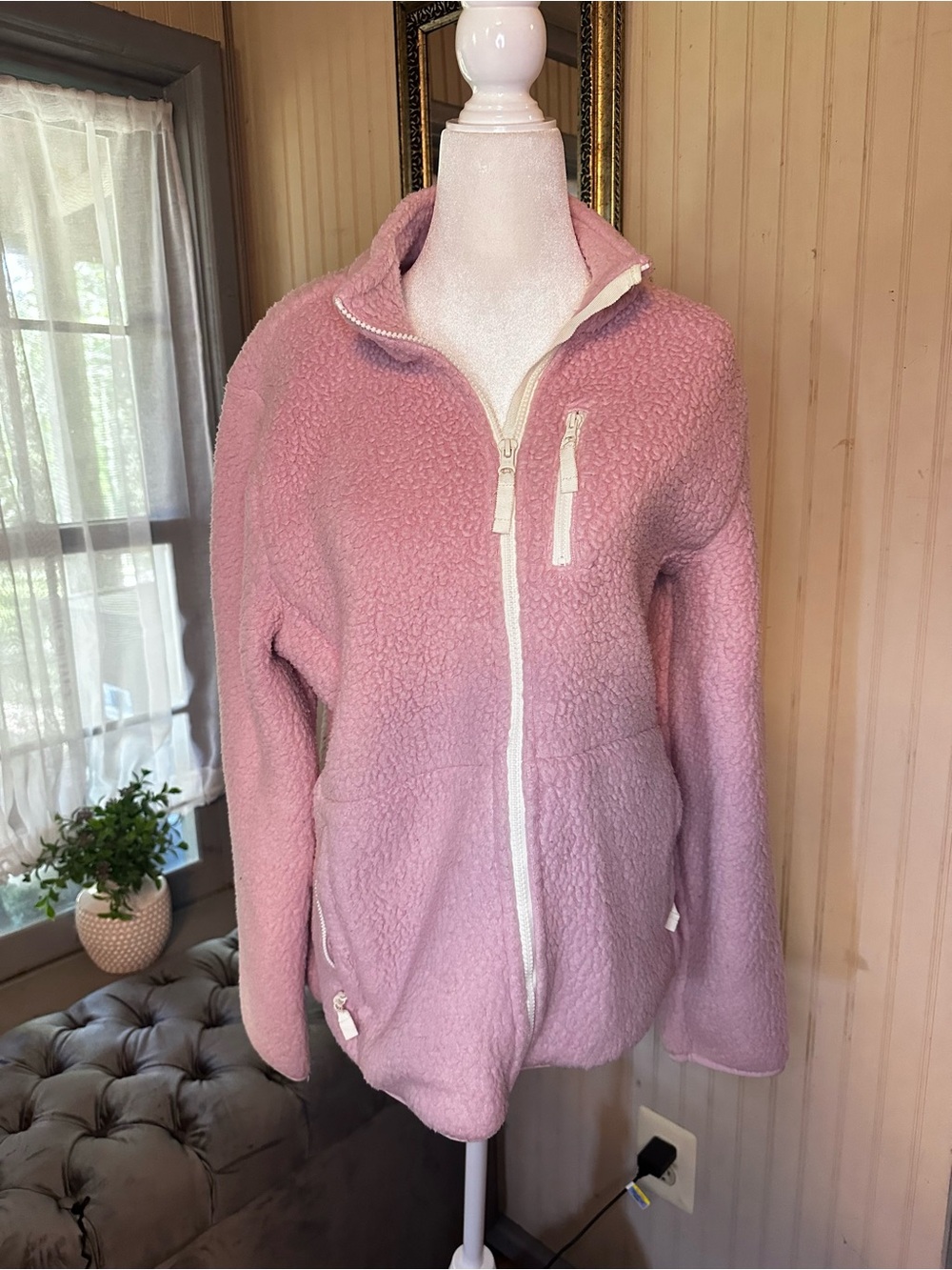 Talbots Pink Teddy Fleece Jacket Large Full Zip Sherpa Cozy Soft Pullover